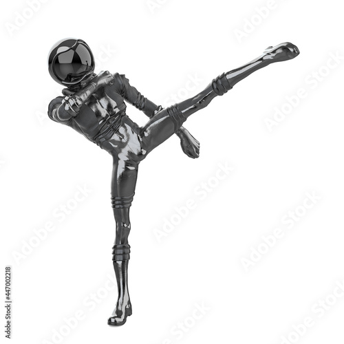 retro astronaut doing a side kick