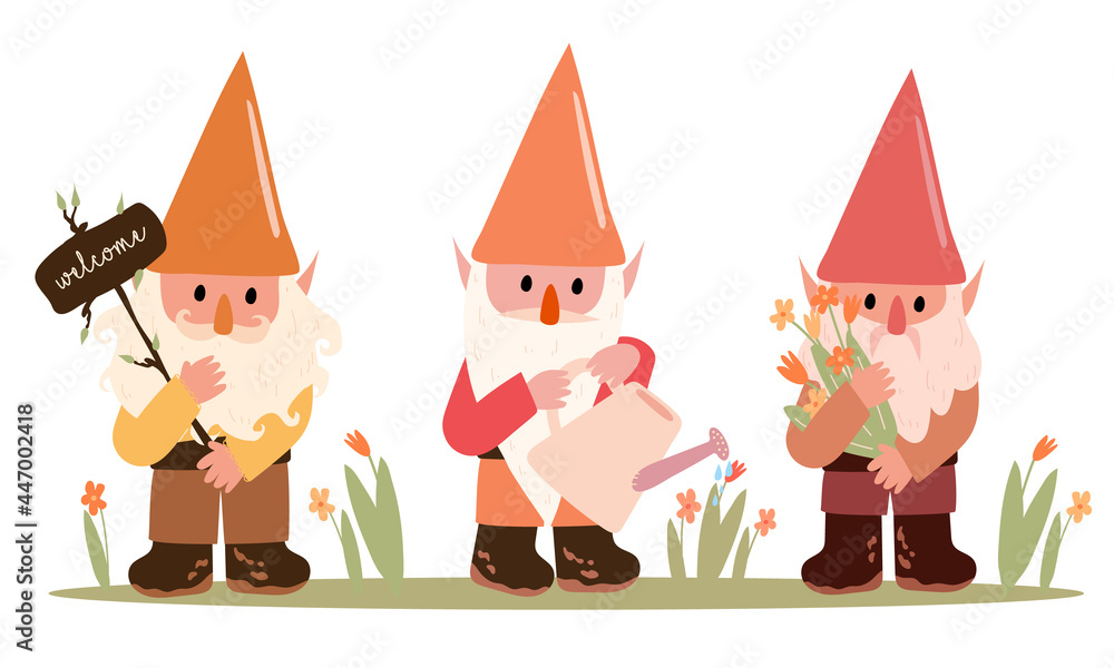 Fototapeta premium Magical creatures. Garden gnomes. A set of cute gnomes. Leprechaun watering flowers, holding a plate, holding a bouquet of flowers Flat vector illustration 