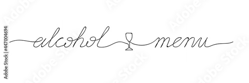 Alcohol menu handwritten lettering with a small glass sign. Vector illustration on white isolated background. Vintage brush calligraphy for restaurant. Continuous black line