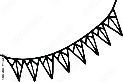 A festive garland of triangular doodle flags. Hand-drawn black-and-white illustration. Decoration and decoration of premises.
