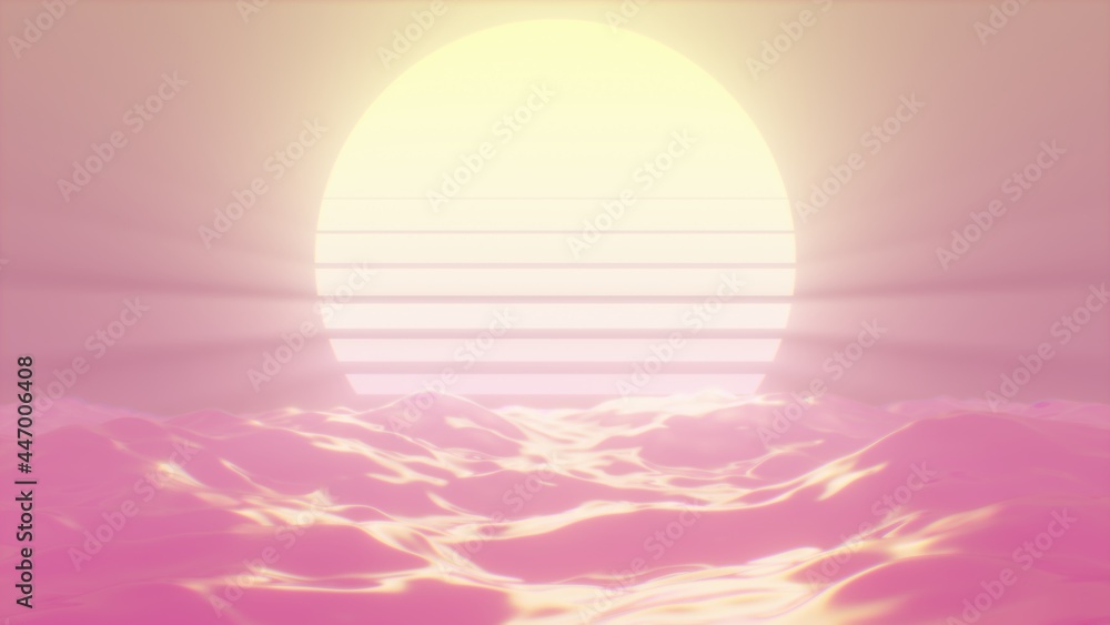 Retro 80s Sunset Light Rays Shine Over Ocean Water Waves Reflection - Abstract Background Texture Retro 80s Sunset Light Rays Shine Over Ocean Water Waves Reflection - Abstract Background Texture