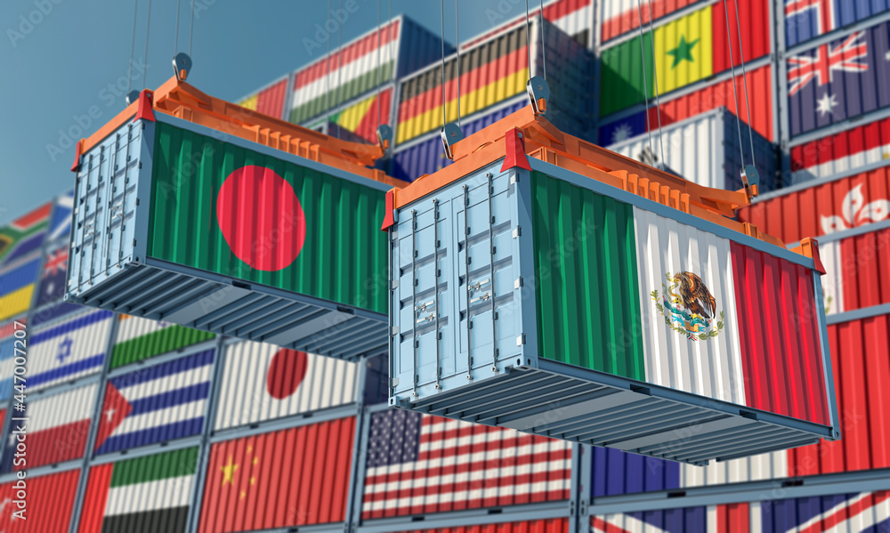 Freight containers with Bangladesh and Mexico flag. 3D Rendering 