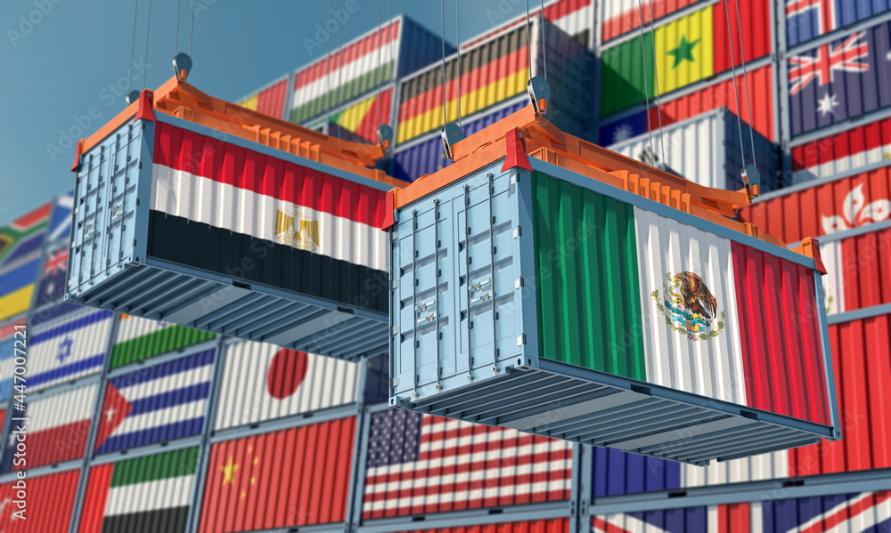 Freight containers with Egypt and Mexico flag. 3D Rendering 