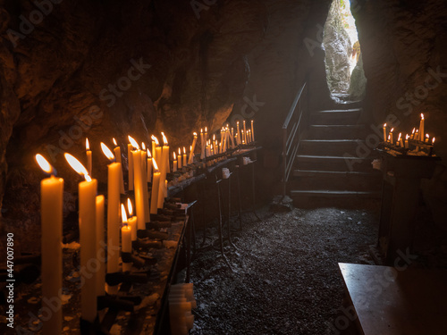 interni della grotta in cui visse come eremita San Benedetto, presso il santuario della Mentorella, in provincia di Roma photo