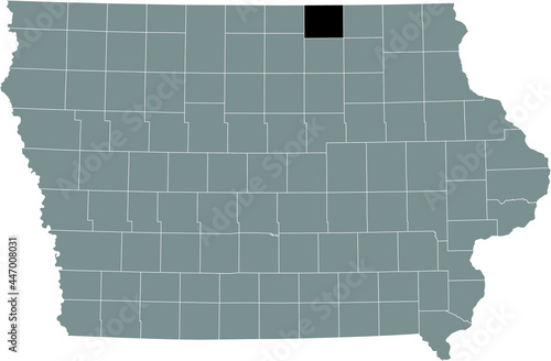 Black highlighted location map of the Mitchell County inside gray map of the Federal State of Iowa, USA