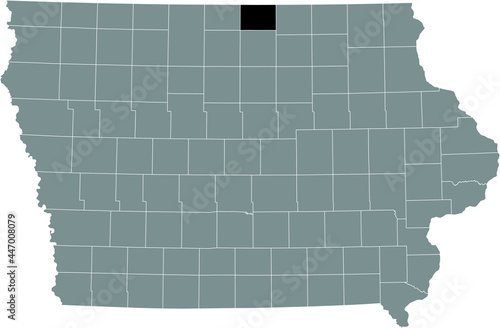 Black highlighted location map of the Worth County inside gray map of the Federal State of Iowa, USA
