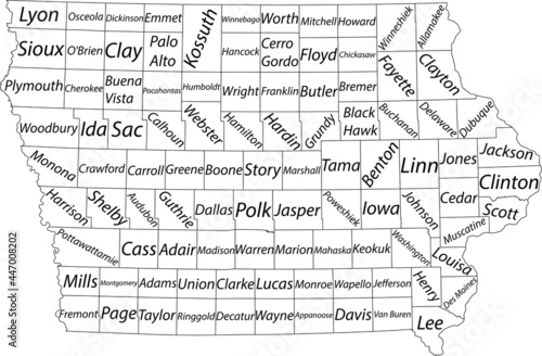 White vector map of the Federal State of Iowa, USA with black borders and names of its counties