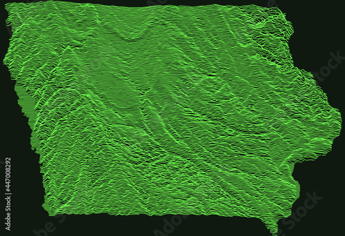 Topographic military radar tactical map of the Federal State of Iowa, USA with emerald green contour lines on dark green background