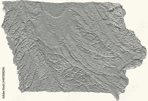 Light topographic map of the Federal State of Iowa, USA with black contour lines on beige background