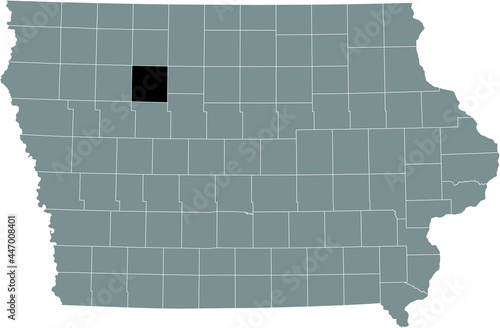 Black highlighted location map of the Pocahontas County inside gray map of the Federal State of Iowa, USA
