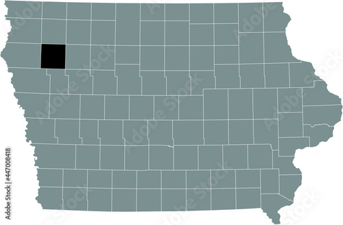 Black highlighted location map of the Cherokee County inside gray map of the Federal State of Iowa, USA