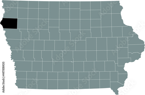 Black highlighted location map of the Plymouth County inside gray map of the Federal State of Iowa, USA