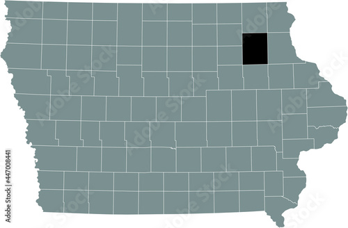 Black highlighted location map of the Fayette County inside gray map of the Federal State of Iowa, USA