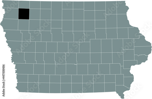 Black highlighted location map of the O'Brien County inside gray map of the Federal State of Iowa, USA