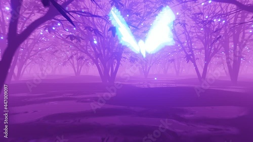 The luminous butterfly flies through a neon garden with magic trees. Compound background, graphic animation. 3D Animation 4K Seamless Loop.