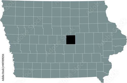 Black highlighted location map of the Marshall County inside gray map of the Federal State of Iowa, USA