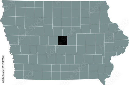 Black highlighted location map of the Story County inside gray map of the Federal State of Iowa, USA