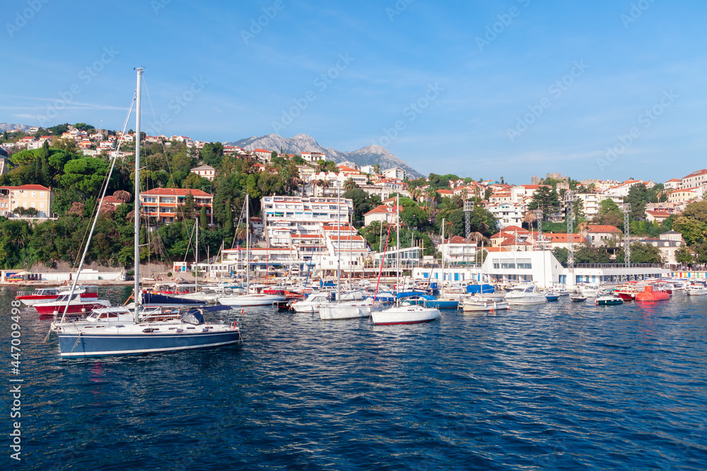 Coastal town Herceg Novi in Montenegro . Yachts and Boats in Kotor Bay harbor 