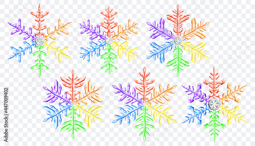 Set of big complex translucent Christmas snowflakes in lgbt colors, isolated on transparent background. Transparency only in vector format