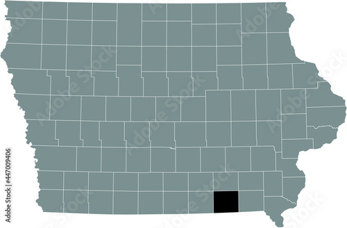 Black highlighted location map of the Davis County inside gray map of the Federal State of Iowa, USA