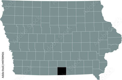 Black highlighted location map of the Wayne County inside gray map of the Federal State of Iowa, USA