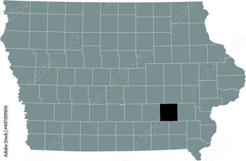 Black highlighted location map of the Keokuk County inside gray map of the Federal State of Iowa, USA