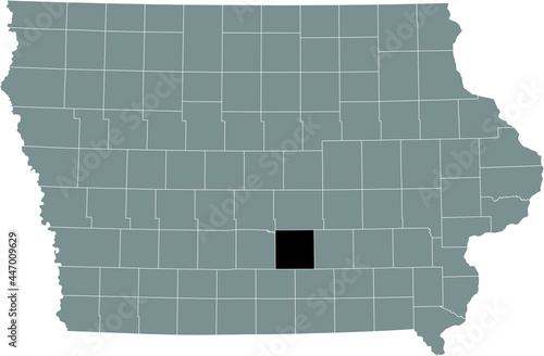 Black highlighted location map of the Marion County inside gray map of the Federal State of Iowa, USA