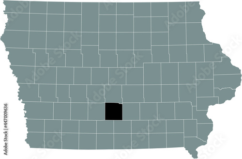 Black highlighted location map of the Warren County inside gray map of the Federal State of Iowa, USA
