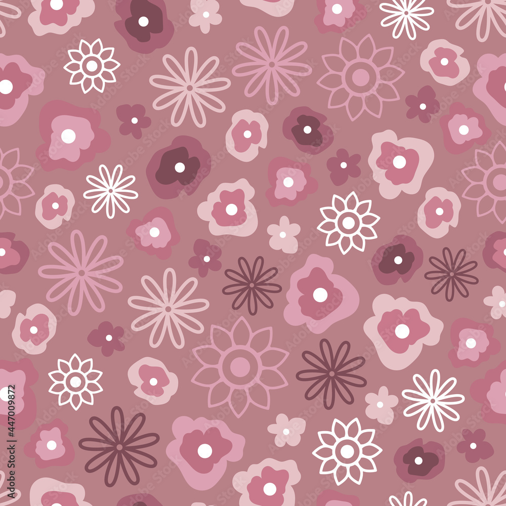 Dusty rose floral seamless vector pattern. Cute, quirky, retro, vintage, bohemian organic flower illustrations in white and pink on rose-pink background. Repeat design for backdrop, wallpaper texture