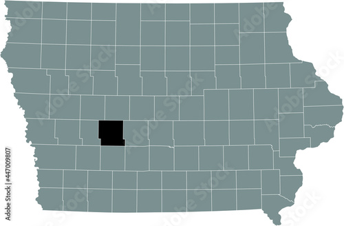 Black highlighted location map of the Guthrie County inside gray map of the Federal State of Iowa, USA