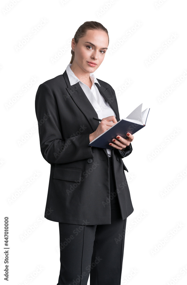 Thoughtful attractive business woman in formal suit is holding a planner, notebook and taking notes. Businesswoman Isolated over white background Thoughtful attractive business woman in formal suit is holding a planner, notebook and taking notes. Businesswoman Isolated over white background