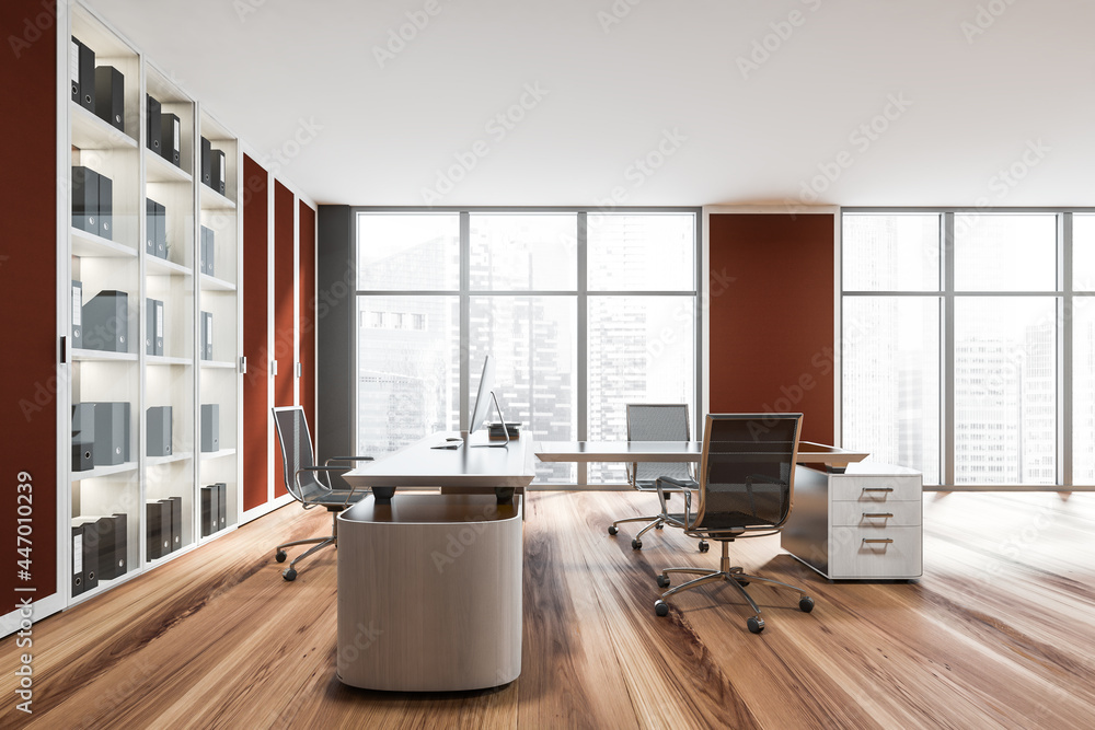 Red design of walls and cabinet doors in the luxury panoramic workspace - obrazy, fototapety, plakaty 
