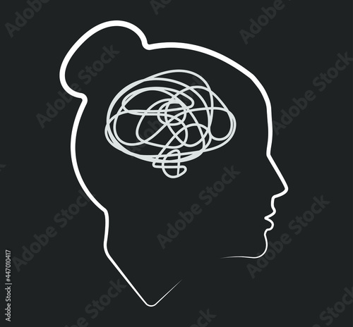 Silhouette of a female head. Icon. Flat illustration of face. Head icon. Silhouette of a girl. Woman avatar. Linear avatar. Intrapersonal conflict. Depression. Entanglement. Psychology