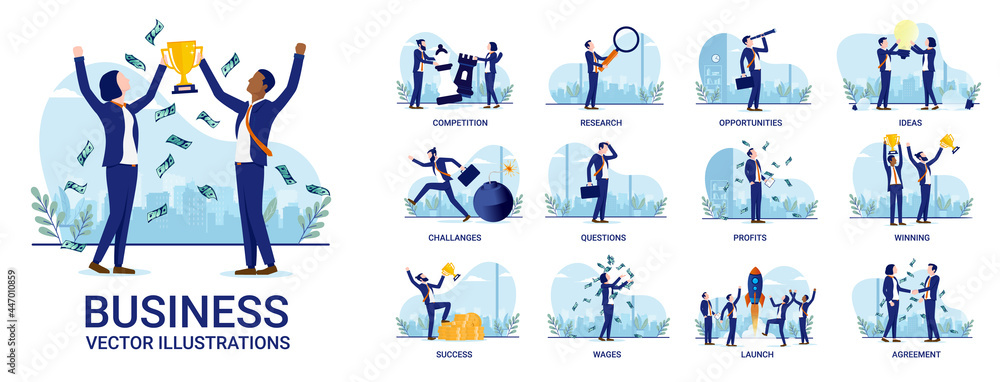 Business people illustration collection - Set of business concepts with activities like competition, research, ideas, profits and more. Vector format with white background