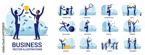 Business people illustration collection - Set of business concepts with activities like competition, research, ideas, profits and more. Vector format with white background
