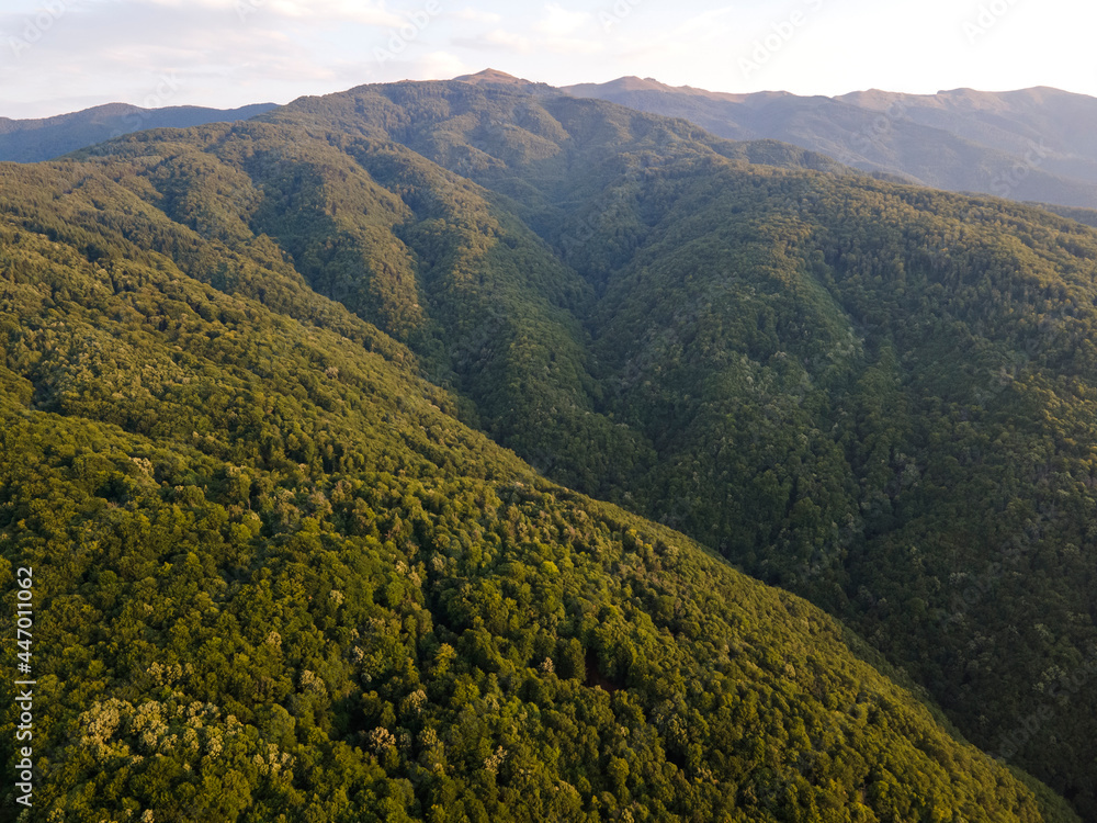 Aerial Sunset view of Belasitsa Mountain, Bulgaria Aerial Sunset view of Belasitsa Mountain, Bulgaria