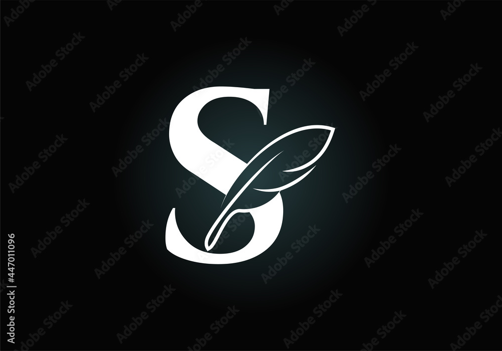 Initial S monogram alphabet with a feather. Font emblem. Law firm icon sign symbol. Modern vector Logo for a writer or publishers business and company identity Initial S monogram alphabet with a feather. Font emblem. Law firm icon sign symbol. Modern vector Logo for a writer or publishers business and company identity