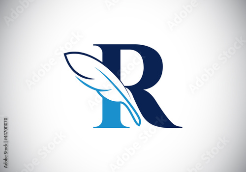 Initial R monogram alphabet with a feather. Font emblem. Law firm icon sign symbol. Modern vector Logo for a writer or publishers business and company identity