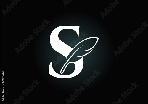 Initial S monogram alphabet with a feather. Font emblem. Law firm icon sign symbol. Modern vector Logo for a writer or publishers business and company identity