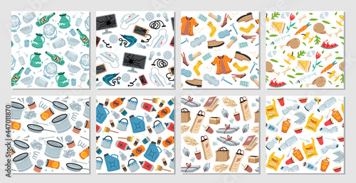 Set of 8 garbage seamless patterns with trash items. Vector texture. Rubbish seamless patterns. Trash backgrounds with crumpled paper, plastic bottle, old clothes, food, broken appliances