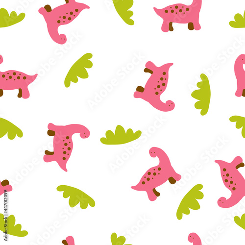 Tender summer seamless pattern of red dinosaurs and green grass. Design for T-shirt  textile and prints. Hand drawn vector illustration for decor and design. 