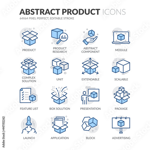 Simple Set of Abstract Product Related Vector Line Icons.  Contains such Icons as Product Research, Module, Application and more. Editable Stroke. 64x64 Pixel Perfect.