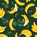 Vector summer exotic pattern with yellow bananas, flowers and leaves. Seamless texture design.