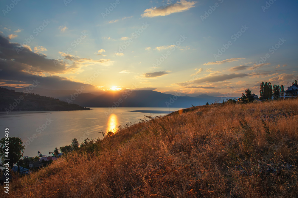 Dawn over mountains and river