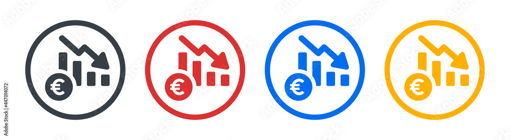 Euro loss graph vector icon. Symbol of financial crisis. Decreasing arrow on chart concept. Euro loss graph vector icon. Symbol of financial crisis. Decreasing arrow on chart concept.