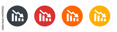 Graph with down arrow icon on circle sign. Decreasing chart vector concept.