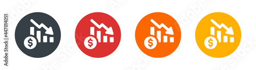 Financial crisis vector icon. Decreasing arrow chart with dollar currency symbol.