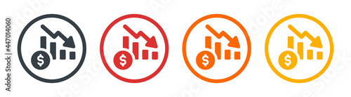Financial crisis icon vector. Decreasing graph with dollar symbol on button sign.