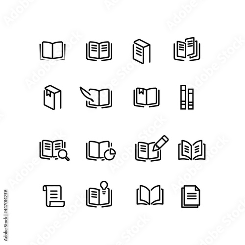 16 simple sets of book related icon outline style. Contains such icons as file, cover, pencil and more. For UI or UX Design. Editable stroke