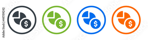 Share market analysis icon. Containing pie chart with dollar currency icon on button sign.